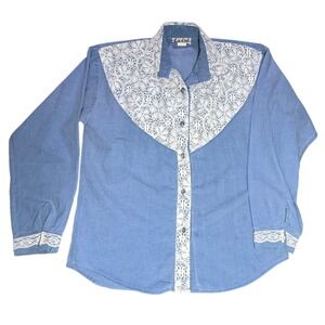 Saisha LTD Denim Lace Western Shirt Blouse Button‎ Up Medium
